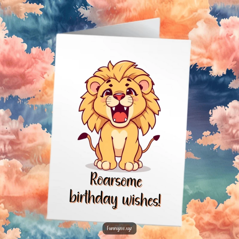 Funny Free Printable Birthday Card showing a determined lion cub cub practicing a mighty roar, ready to celebrate a special day.