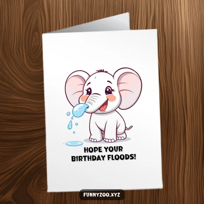 Funny Free Printable Birthday Card: Delighted cartoon elephant joyfully spraying water from its trunk, celebrating a special day.