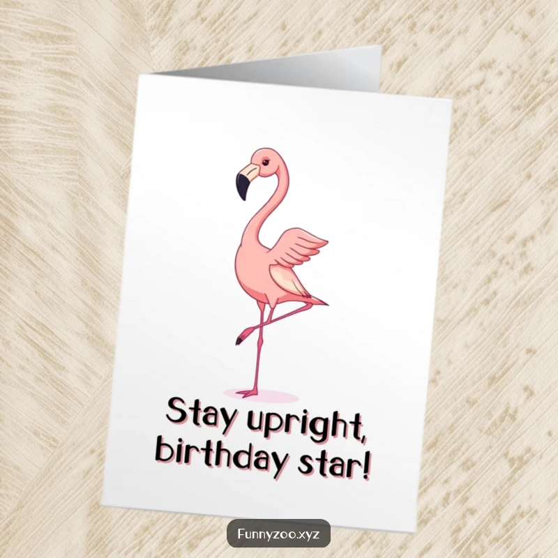 Funny Free Printable Birthday Card: Wobbly pink flamingo attempting a precarious handstand, full of birthday cheer.