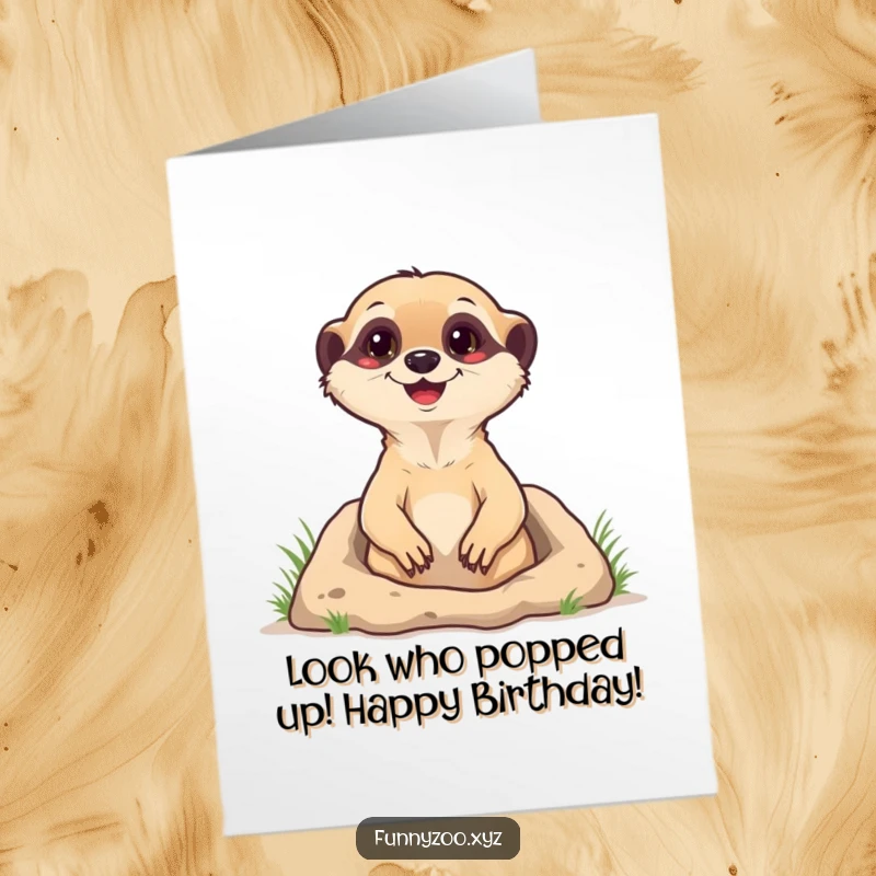 Funny free printable birthday card featuring a happy meerkat popping out of its burrow with a wide grin.
