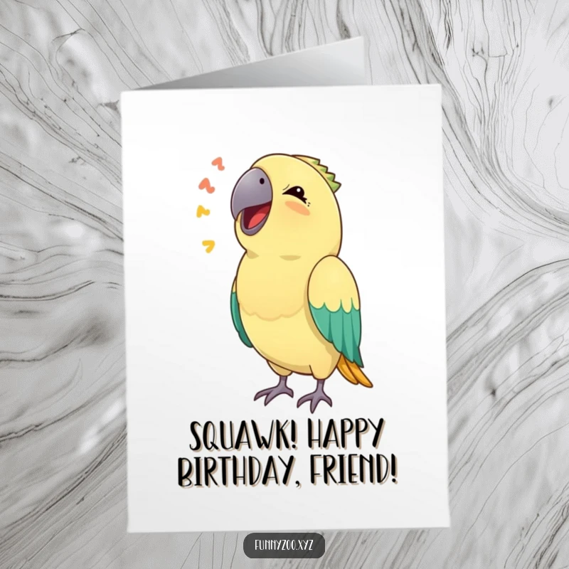 Funny Free Printable Birthday Card: Delighted parrot mimicking a funny sound, ready to party and celebrate.