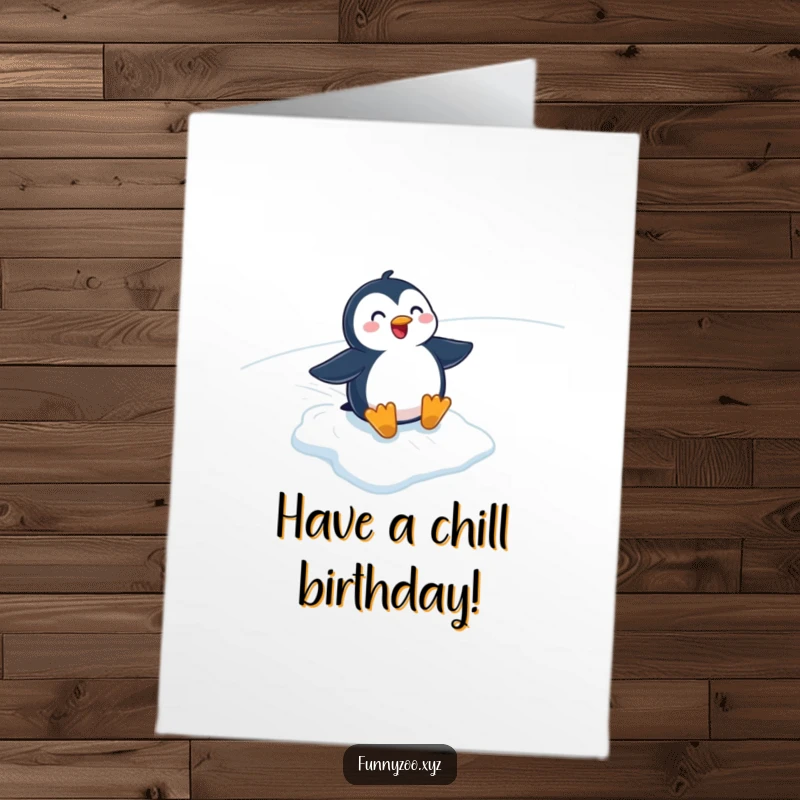 Funny Free Printable Birthday Card: Cheerful penguin sliding gleefully down an icy slope, full of wintery fun and excitement.