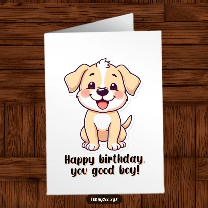 Funny Free Printable birthday card featuring a happy puppy character energetically wagging its tail with pure excitement.