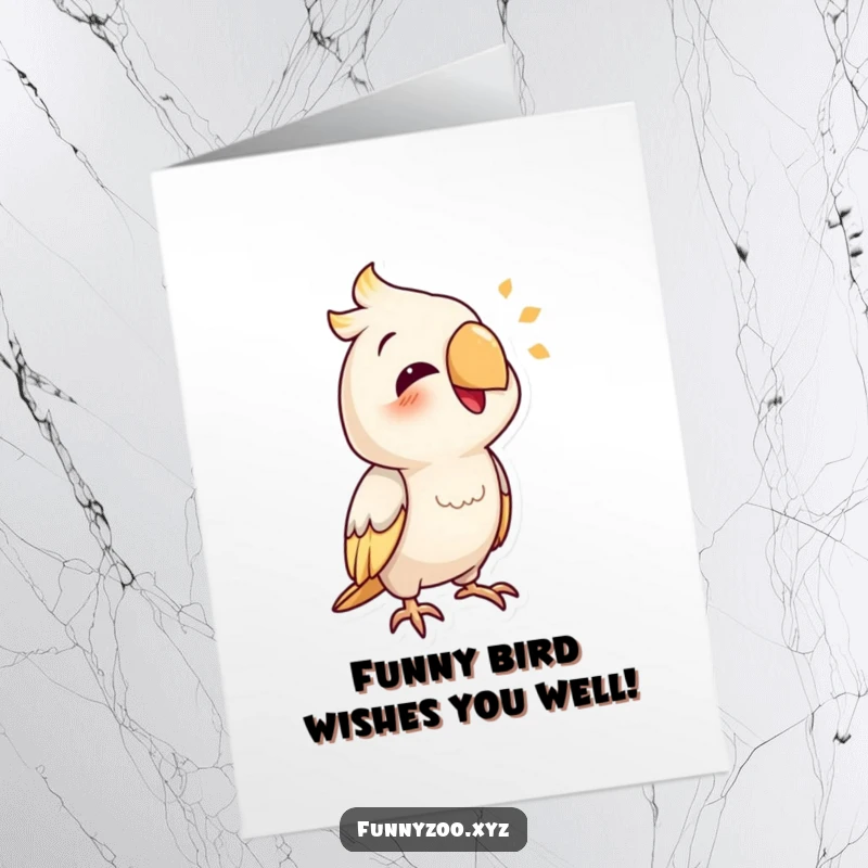 Funny Free Printable Birthday Card: A smiling parrot character caught mid-mimic, making a hilarious sound, perfect for birthday fun.