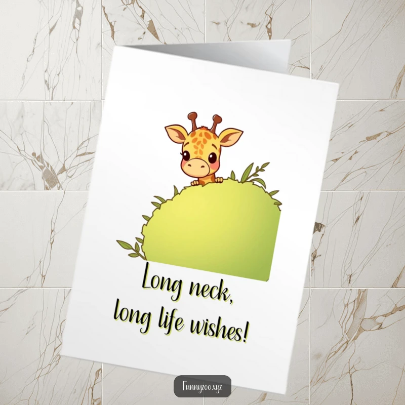 Funny Free Printable Birthday Card: Giraffe character peeking over a tall cartoon bush, curious expression, perfect for DIY gifting.