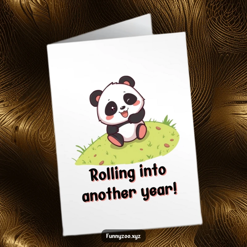Funny free printable birthday card featuring a mischievous panda rolling downhill with a big grin, ready to celebrate.