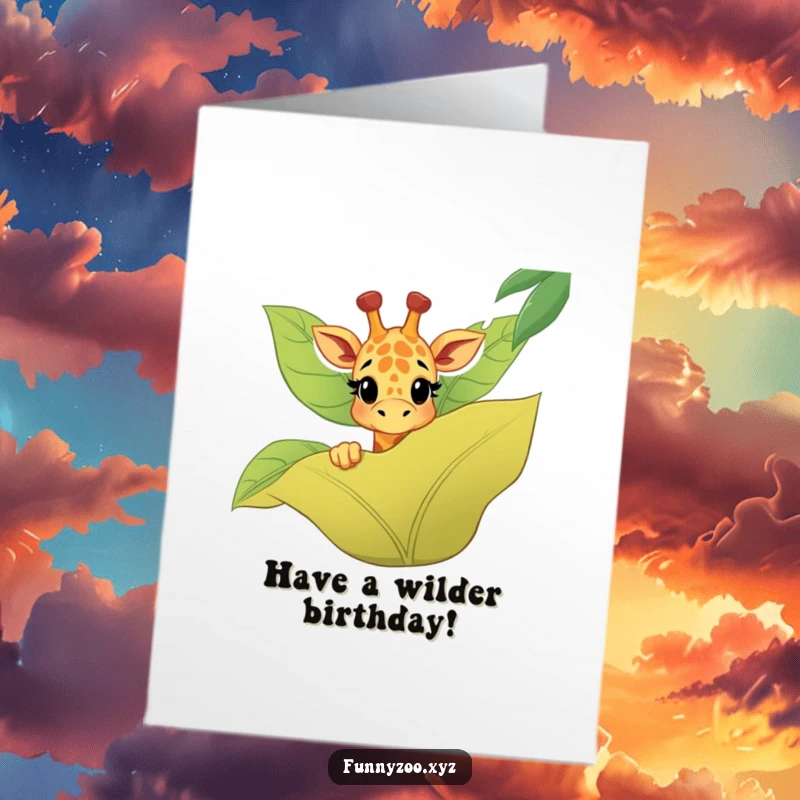 Funny Free Printable Birthday Card: A happy giraffe's head peeking over a large, stylized jungle leaf, full of birthday cheer.