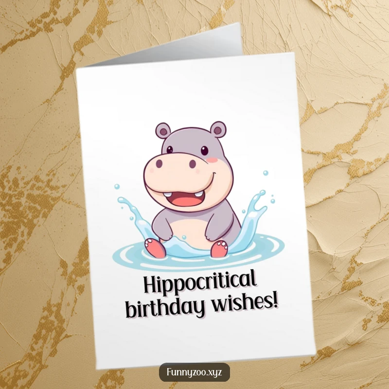 Funny free printable birthday card showing a jolly hippo character enthusiastically splashing water with a huge smile.