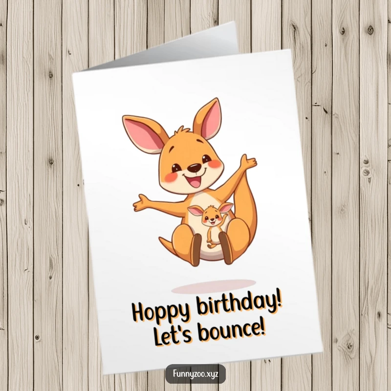 Funny Free Printable Birthday Card: Happy Kangaroo with Joey Bouncing High in Pouch, Joyful Celebration
