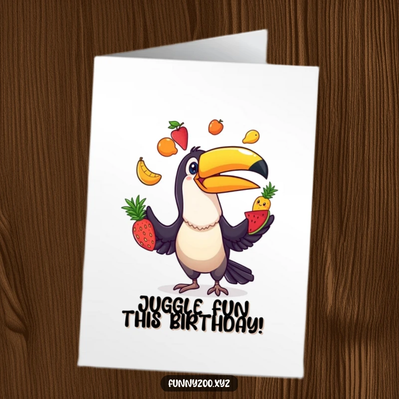 Funny Free Printable Birthday Card: A comical toucan expertly juggling a stack of brightly colored fruits with a cheerful expression.