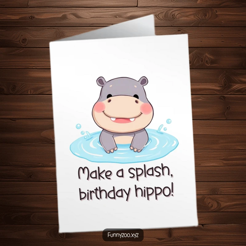 Funny Free Printable Birthday Card: A smiling hippo joyfully splashes in a small pool, sending water droplets flying.