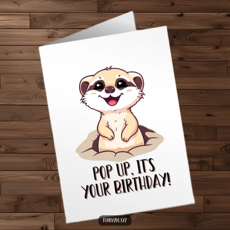 Funny free printable birthday card featuring a delighted meerkat peeking out of a hole with big, happy eyes.