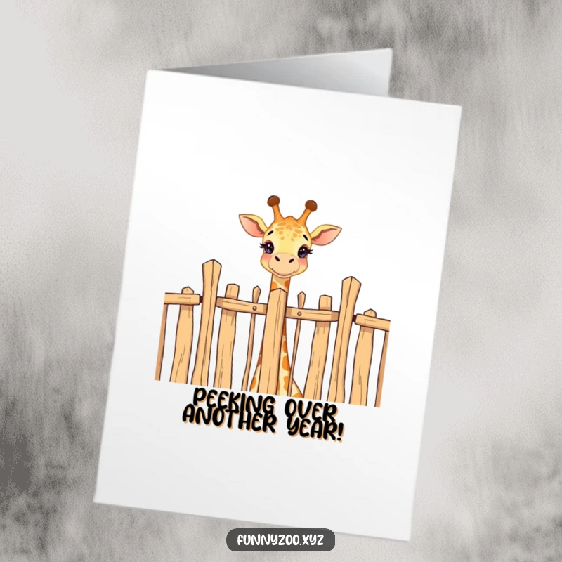 Funny Free Printable Birthday Card featuring a happy giraffe playfully peeking its head over a tall fence, a cheerful greeting.