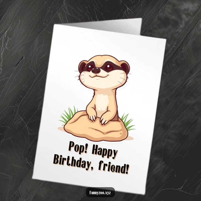 Funny Free Printable Birthday Card: Curious meerkat character popping its head up from a burrow, celebrating.