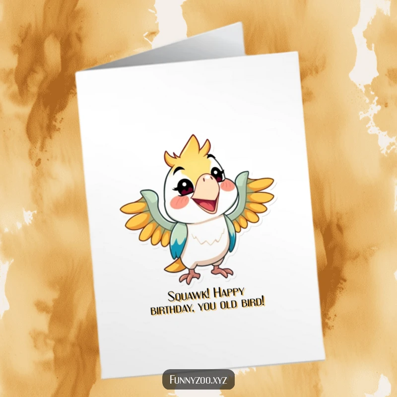 Funny Free Printable birthday card of a mischievous parrot squawking with a wide, cheeky grin, ready to party.