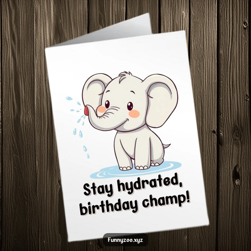 Funny Free Printable Birthday Card with a joyous elephant character spraying water with its trunk, ready for a splashy celebration.
