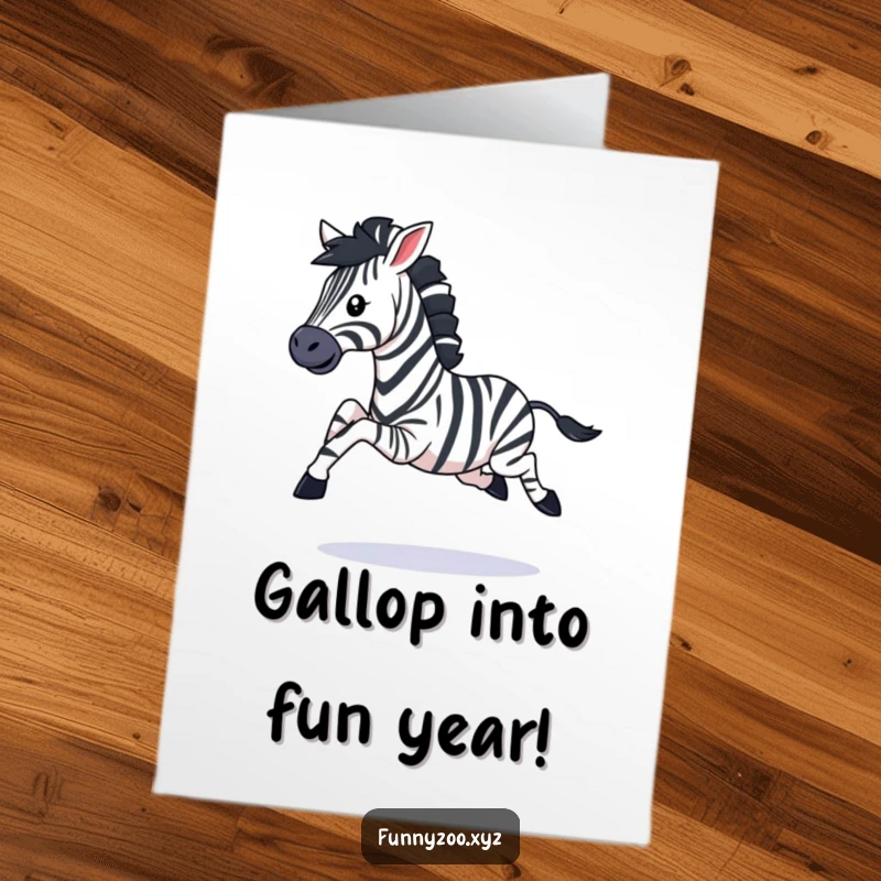 Funny free printable birthday card showing a zebra energetically galloping with its legs kicking, full of birthday joy.