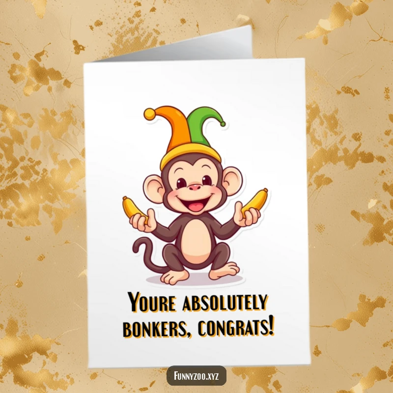 Funny Free Printable congratulations card: A silly monkey wearing a jester hat juggling bright bananas to celebrate.