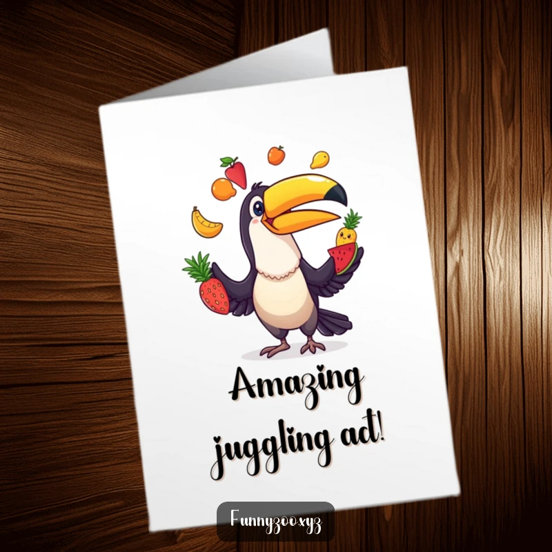 Funny Free Printable Congratulations Card: A vibrant toucan masterfully juggling various colorful fruits, celebrating your success with flair.