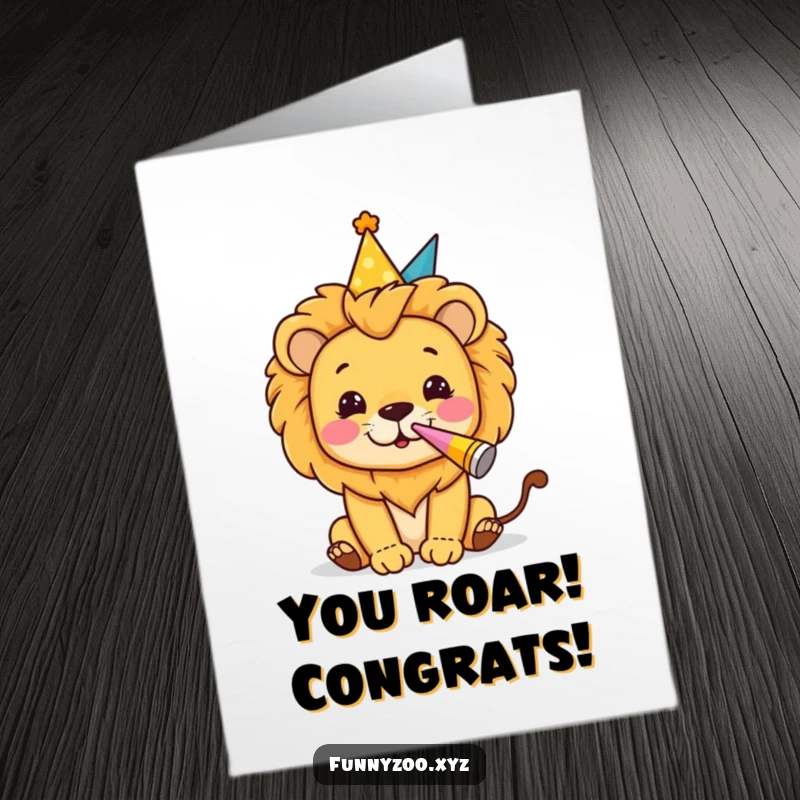 Funny Free Printable Congratulations Card showing a lion in a party hat joyfully blowing a party horn to celebrate.