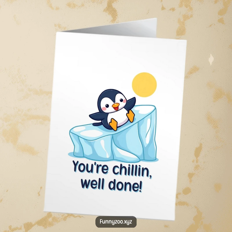 Funny Free Printable Congratulations Card: Cheerful penguin conquers an iceberg slide, a humorous, downloadable celebration of success.