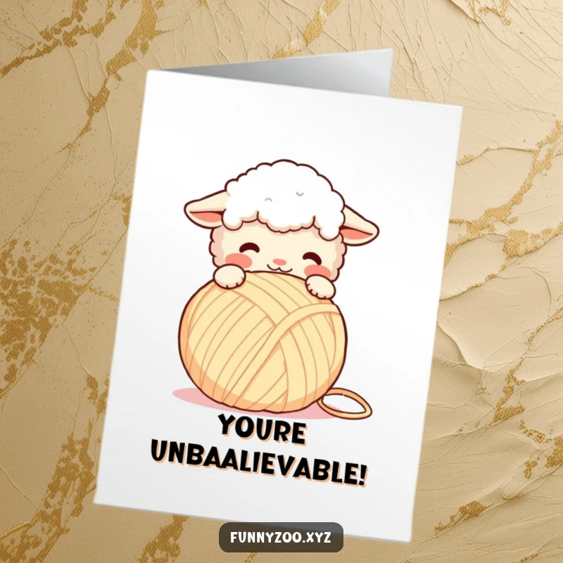 Funny Free Printable Congratulations Card: Sheep enthusiastically headbutts a giant yarn ball signaling a win.
