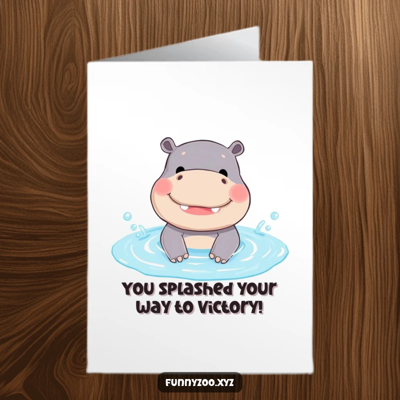 Free Printable Congratulations Card: A smiling hippo gleefully splashes in a miniature pool, celebrating success with gusto.
