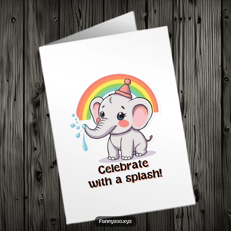 Joyful Free Printable Congratulations Card: A happy elephant in a small hat joyfully sprays a vibrant rainbow from its trunk.