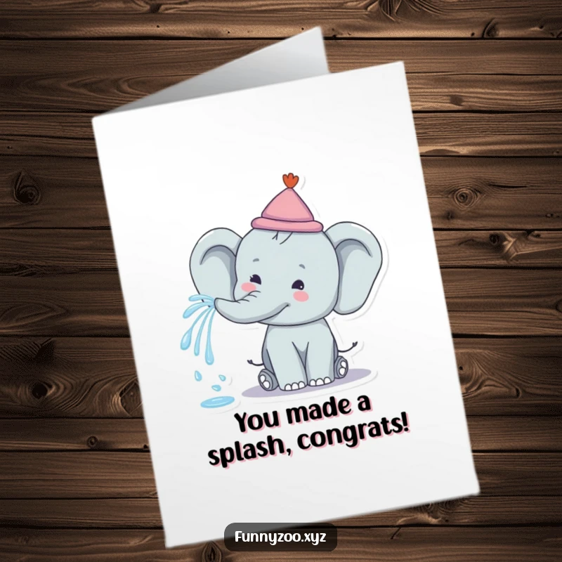 Funny Free Printable Congrats Card: Happy elephant with a tiny hat spraying a rainbow, celebrating a win.