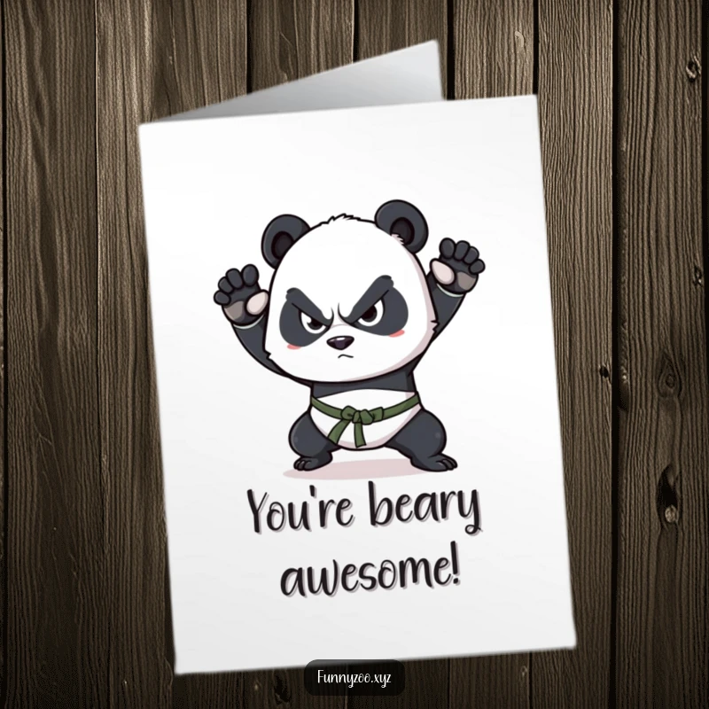 Funny Free Printable Congratulations Card: A determined panda in a martial arts stance celebrates achievements with focused intensity.