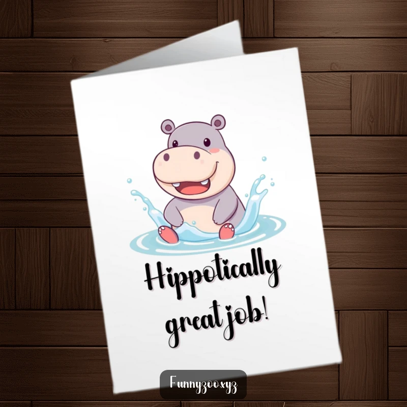 Funny free printable congratulations card featuring a jolly hippo character making a big splash in the water.