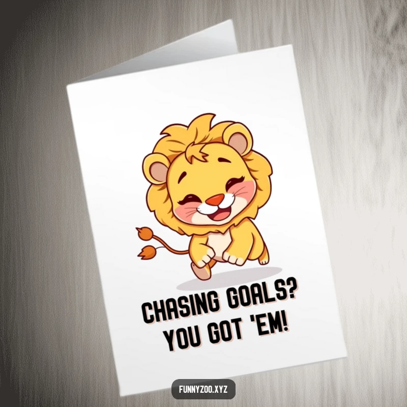 Funny Free Printable Congrats Card: Mischievous lion with a goofy grin chasing its tail, celebrating a victory.