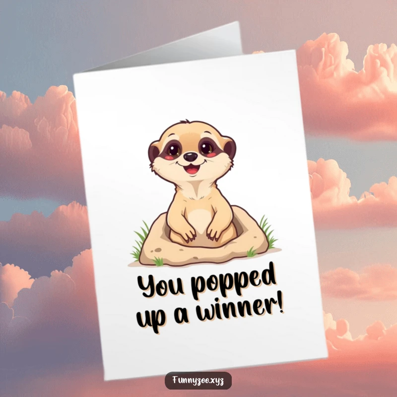 Funny free printable congratulations card showing a happy meerkat popping out of its burrow, ready to celebrate.