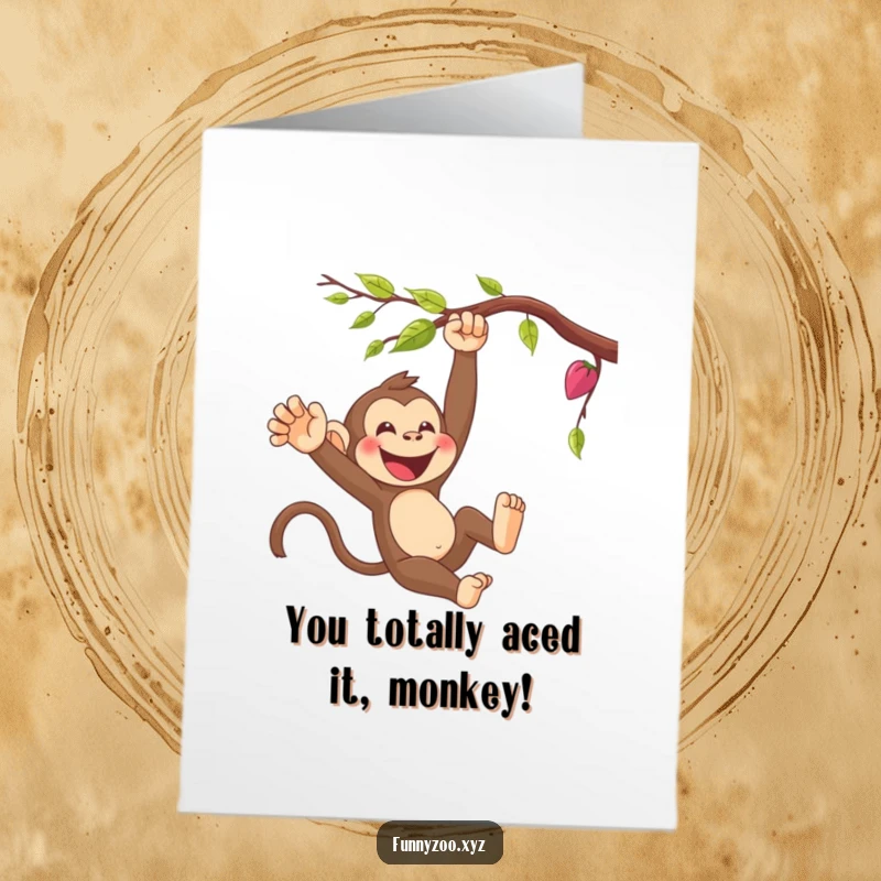 Funny Free Printable Congratulations Card: Giggling cartoon monkey swinging from a vine, celebrating an achievement with energetic joy.