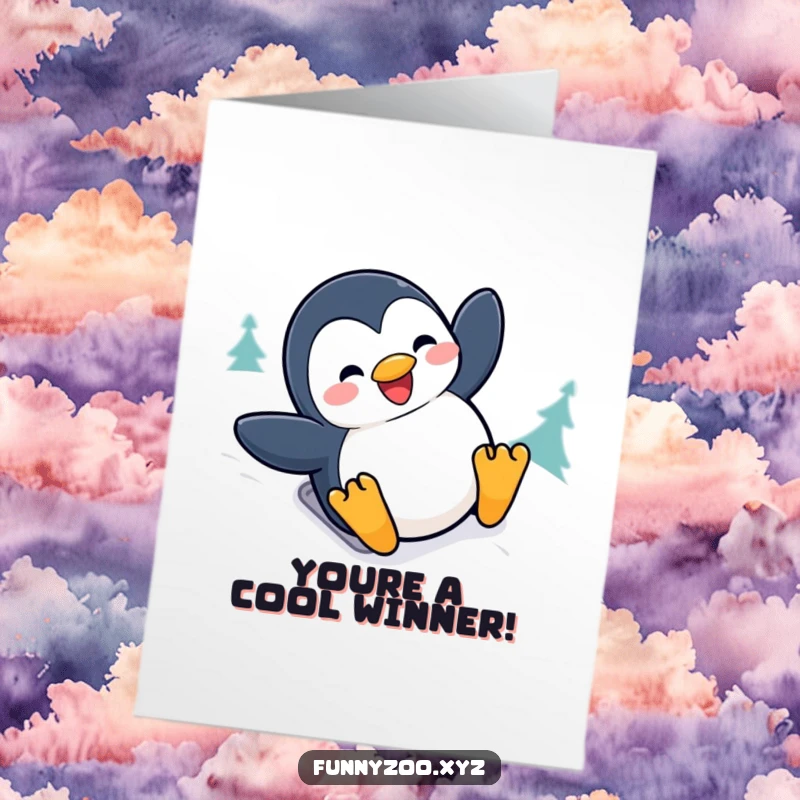 Free Printable Congratulations Card: A penguin joyfully slides down a snowy hill with a big grin, celebrating achievements.