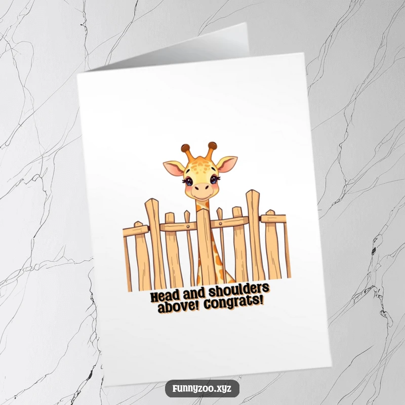 Funny Free Printable Congratulations Card: A happy giraffe surveying its surroundings over a tall fence, signifying a grand success.
