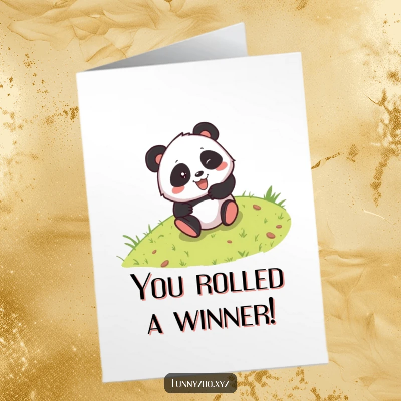 Funny free printable congratulations card showing a panda gleefully rolling down a hill, celebrating your big win.