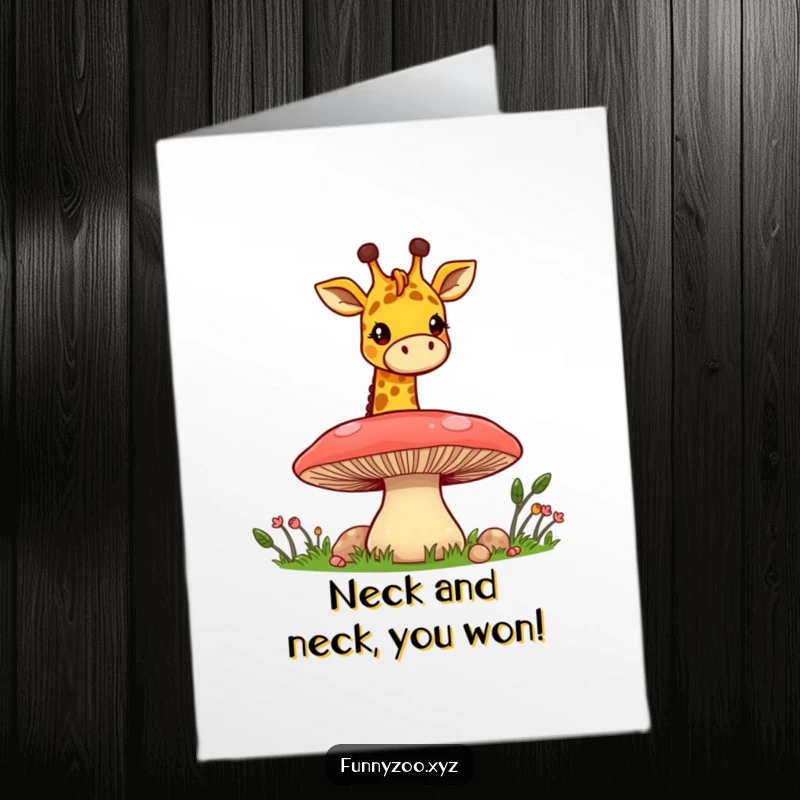 Funny Free Printable Congrats Card: Cheerful giraffe peering over a mushroom, celebrating a success.