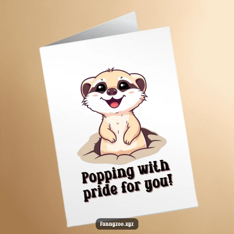 Funny free printable congratulations card showing an excited meerkat popping its head from a hole, celebrating good news.
