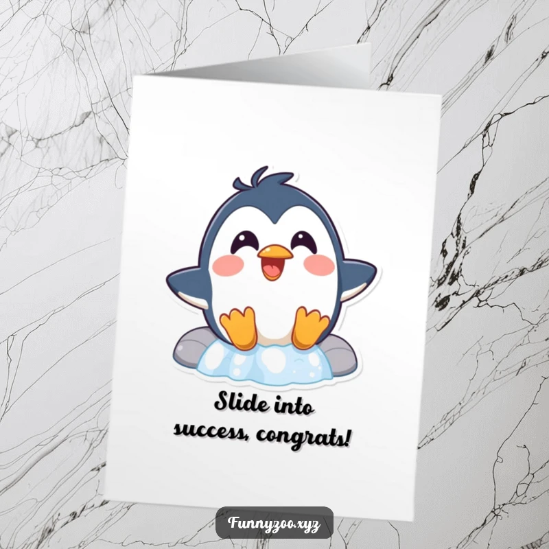 Funny Free Printable congratulations card: A surprised penguin with slick feathers laughing while sliding down a waterfall.