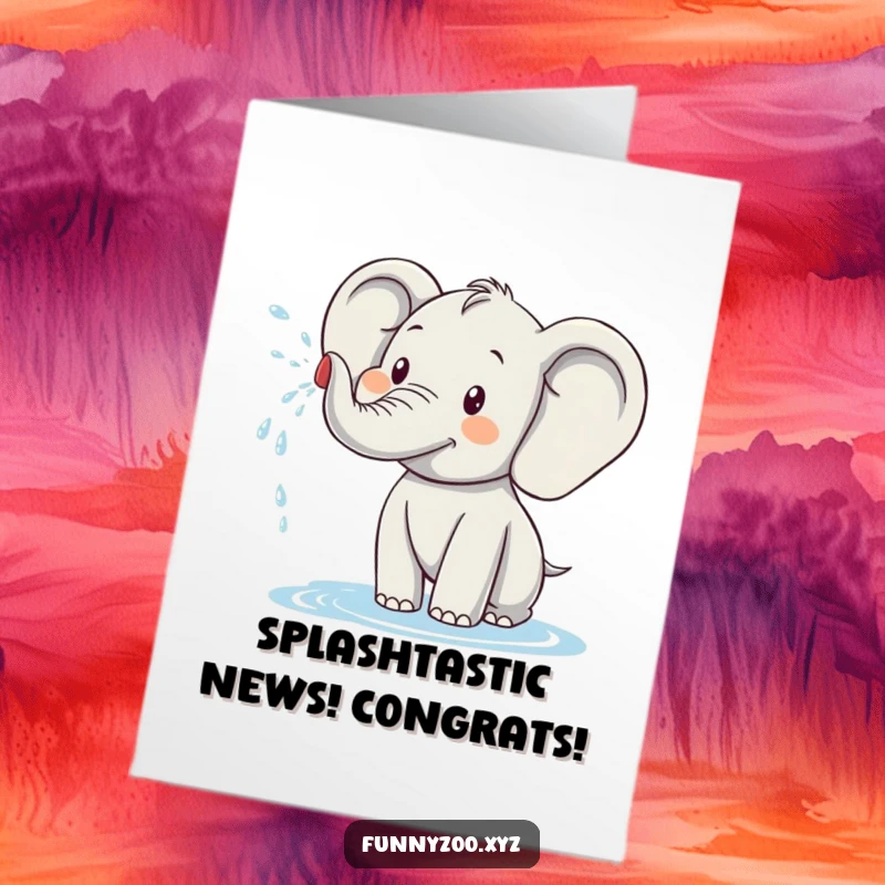 Funny Free Printable Congratulations Card featuring a happy elephant character spraying water, celebrating a momentous occasion with a splash.