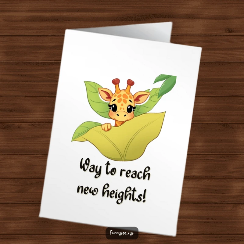 Funny Free Printable Congratulations Card: A happy giraffe peeking over a giant jungle leaf, celebrating achievements with a smile.