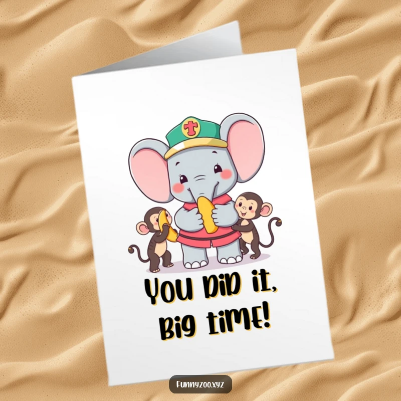Funny Free Printable Congratulations Card: Elephant zookeeper offers a banana to a monkey, celebrating success with humor.