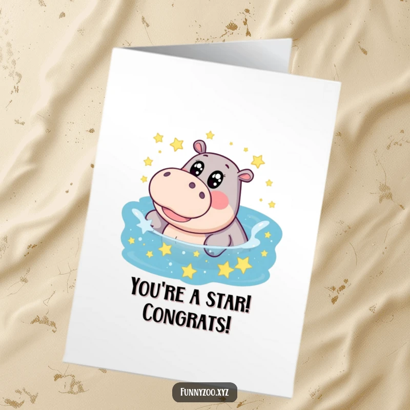 Funny Free Printable Congratulations Card: A giggling hippo with wide eyes splashes merrily in a star-filled pool, celebrating their win.