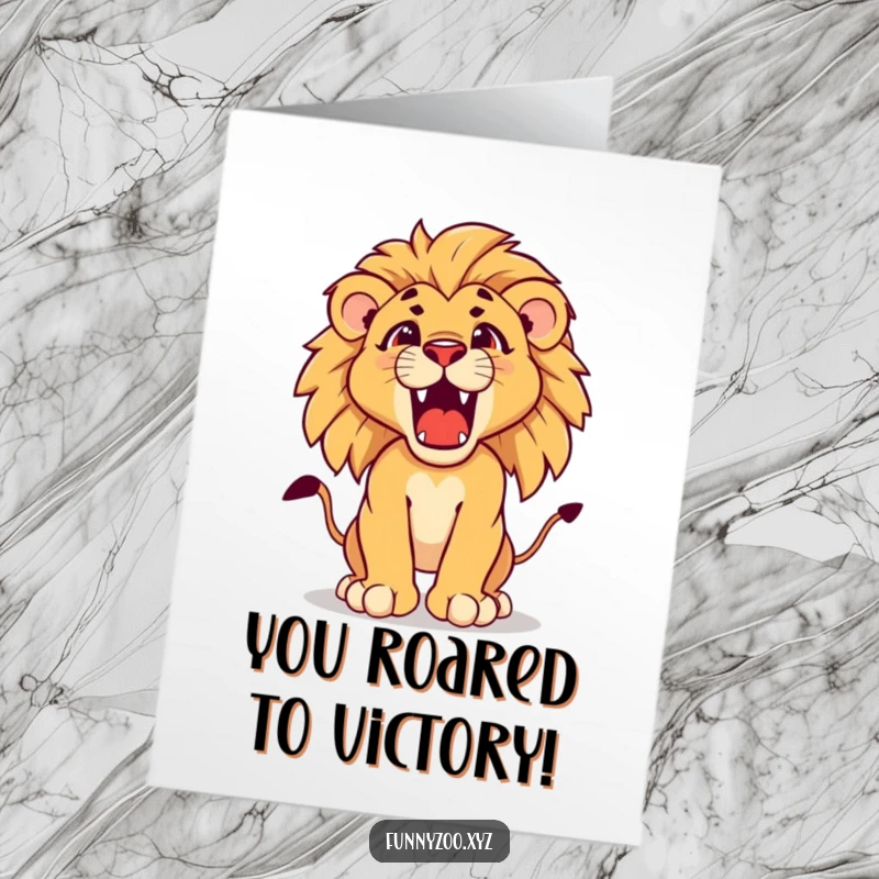 Funny Free Printable Congratulations Card with a determined lion cub cub practicing its powerful roar, celebrating a great achievement.