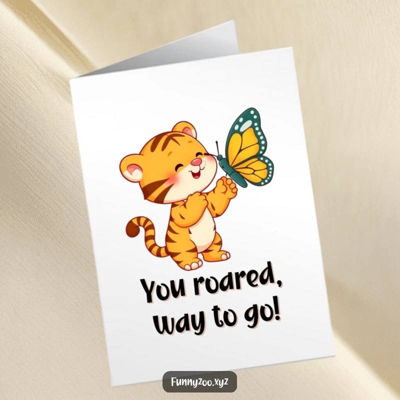 Funny Free Printable Congratulations Card: Playful Tiger Trying to Bat an Oversized Butterfly