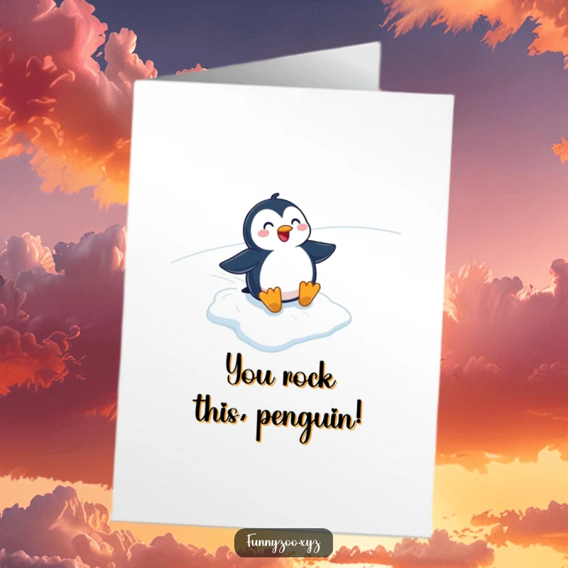 Funny Free Printable Congratulations Card: Cheerful penguin sliding down an icy slope, capturing the joy of a successful moment.