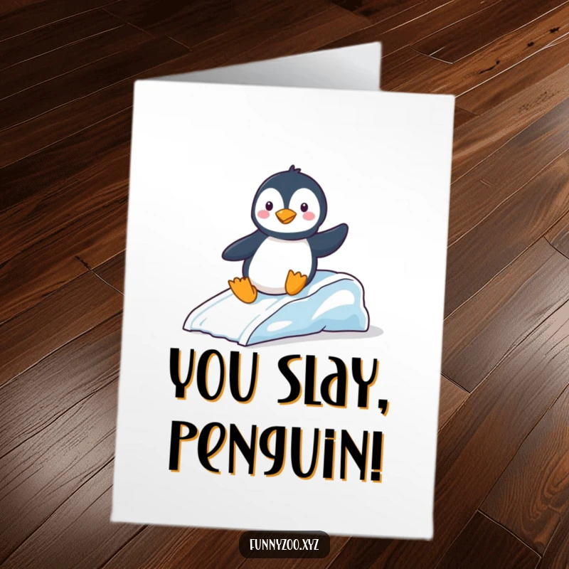 Funny Free Printable Congratulations Card: A playful penguin slides down a mini ice slide, celebrating a win.