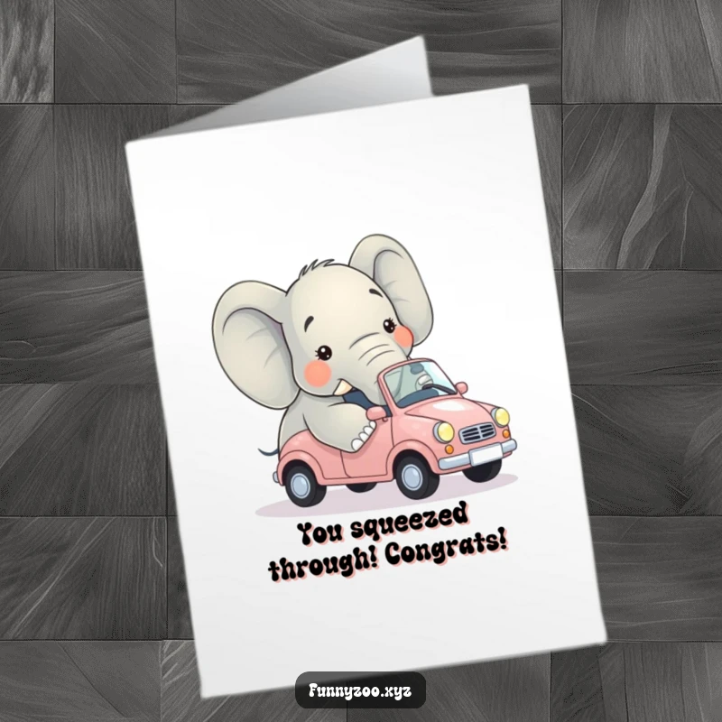 Funny Free Printable Congratulations Card: A bewildered elephant crammed into a comically small car, celebrating an achievement.