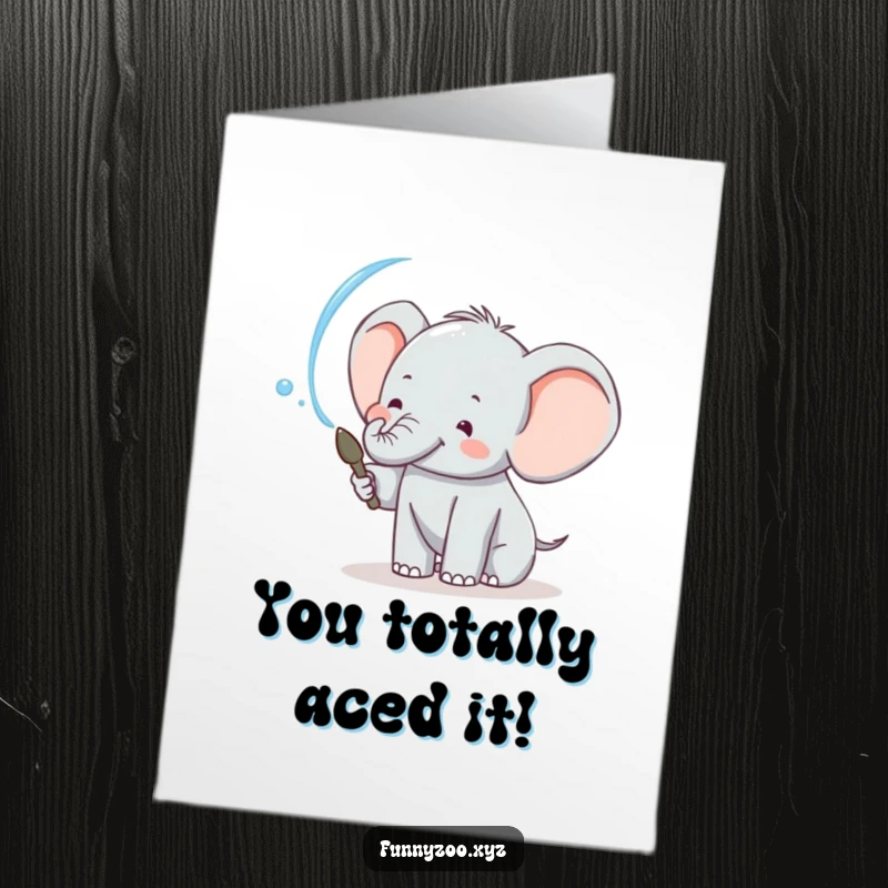 Funny Free Printable Congratulations Card featuring a happy elephant spraying water, celebrating success with a playful watery arc.